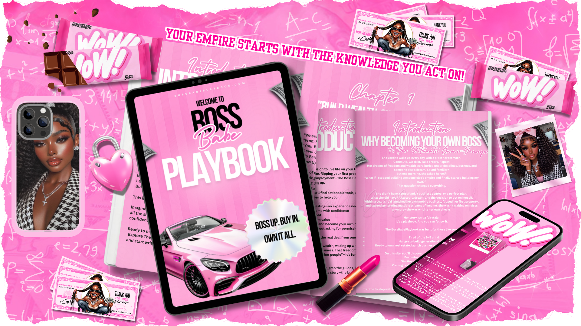 Pink-themed 'Boss Up' playbook with accessories on a pink background