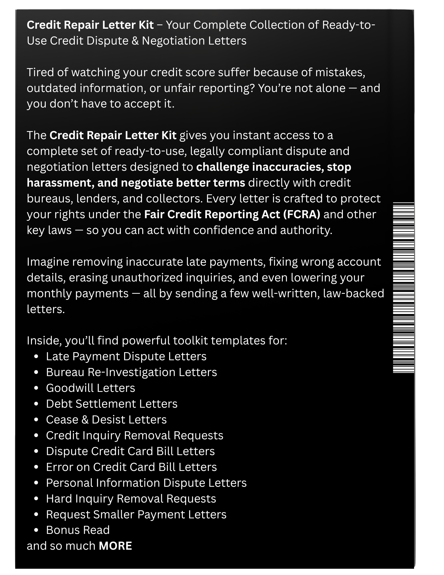 Back cover of a Credit Repair Letter Kit with text and a barcode.