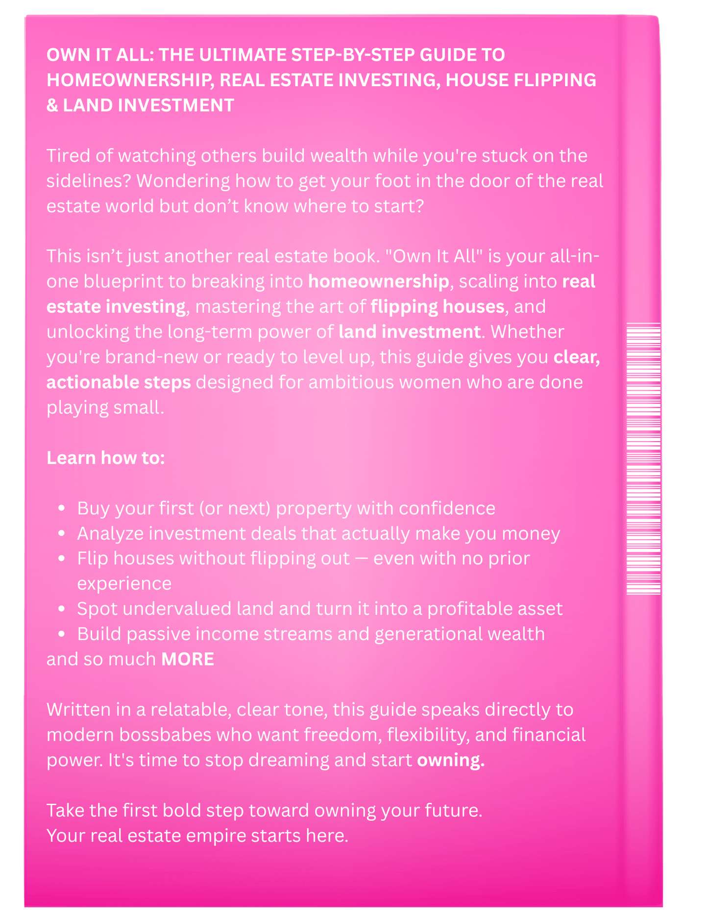 Pink book cover with text about homeownership, real estate investing, and house flipping