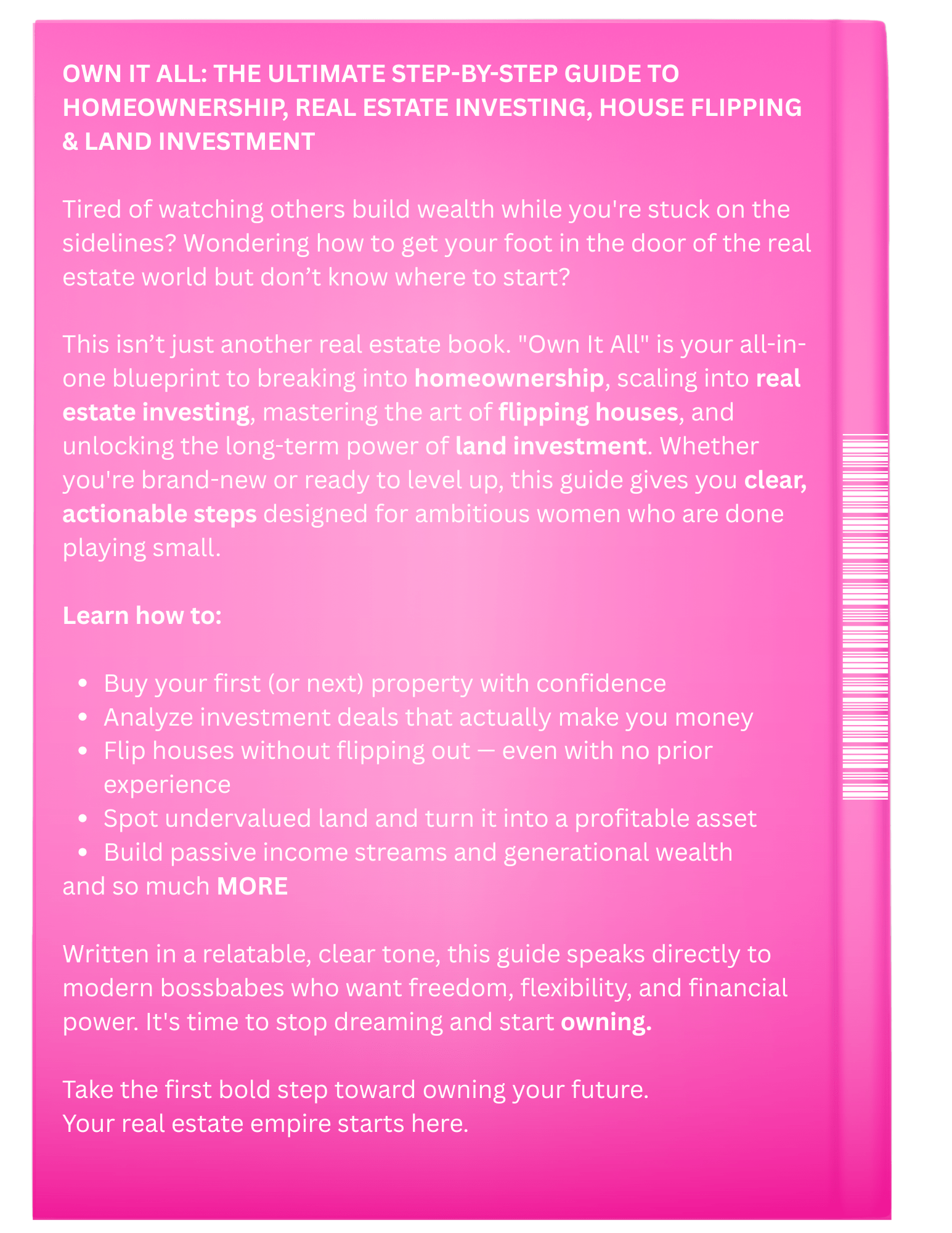 Pink book cover with text about homeownership, real estate investing, and house flipping