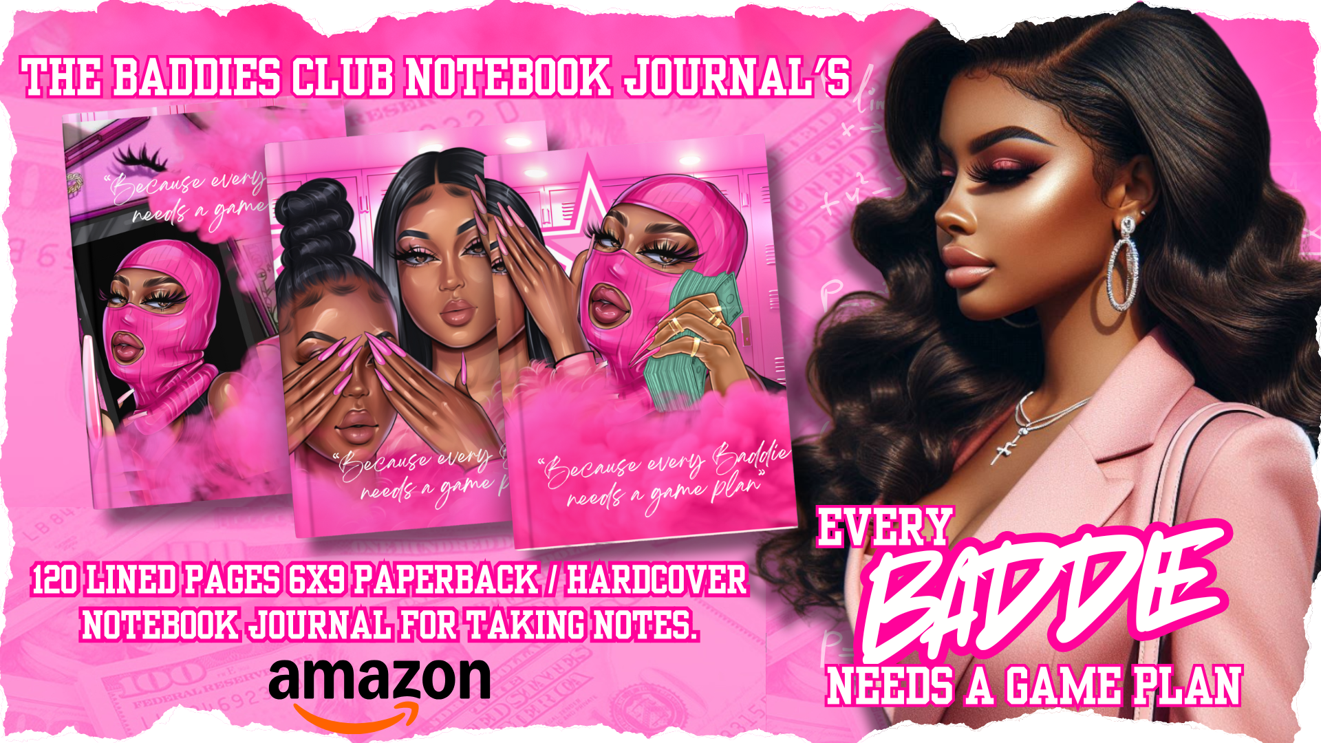 Promotional image for 'The Baddies Club Notebook Journal' with a woman and product packaging on a pink background.