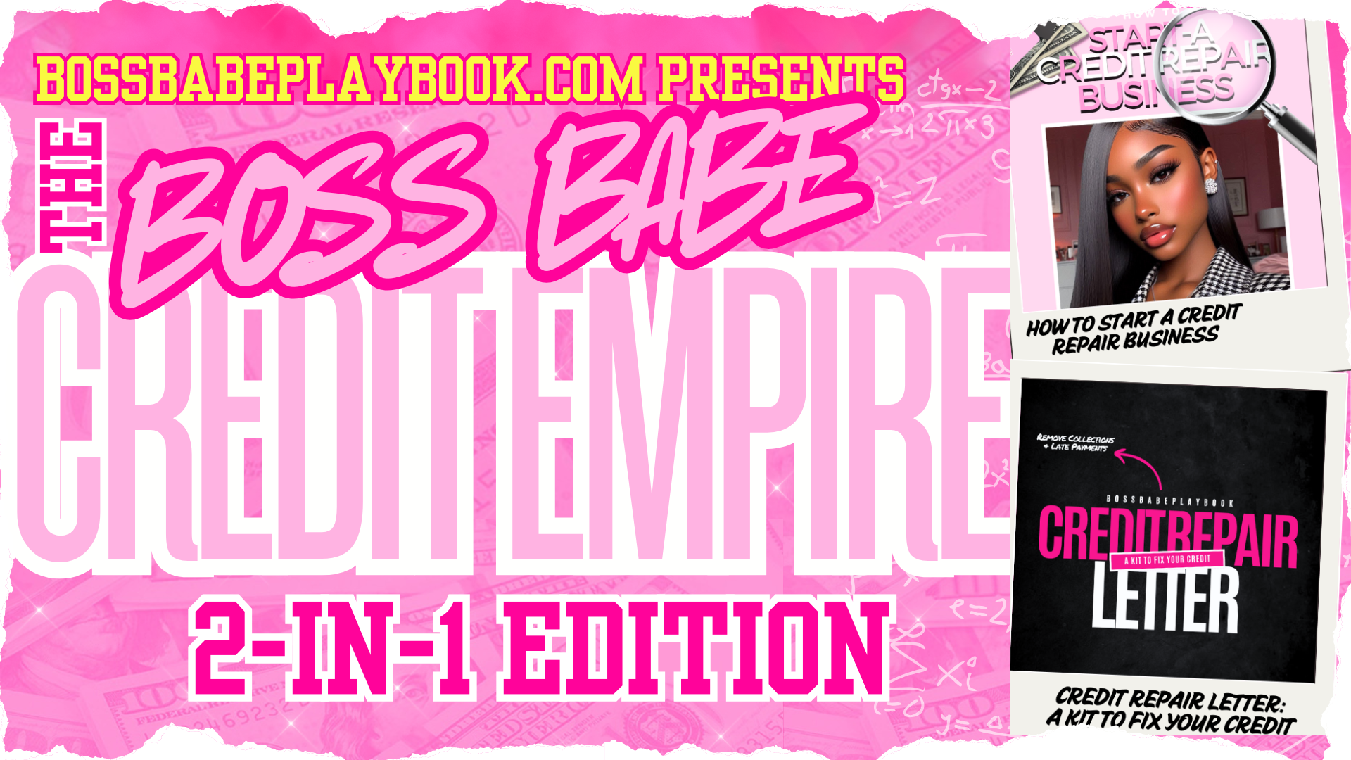 Promotional graphic for 'The Boss Babe Credit Empire' with a pink background and text.