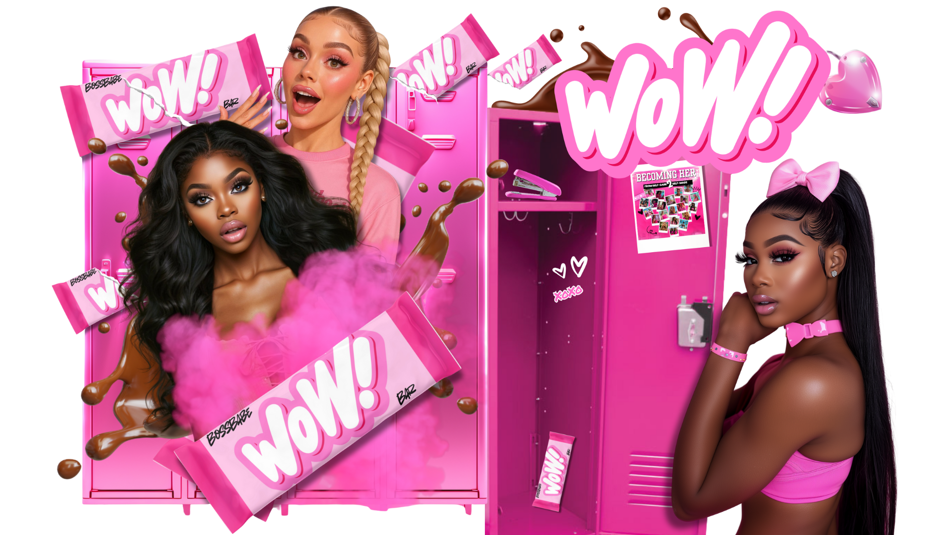 Pink 'Wow!' candy bar packaging with models and a pink locker.