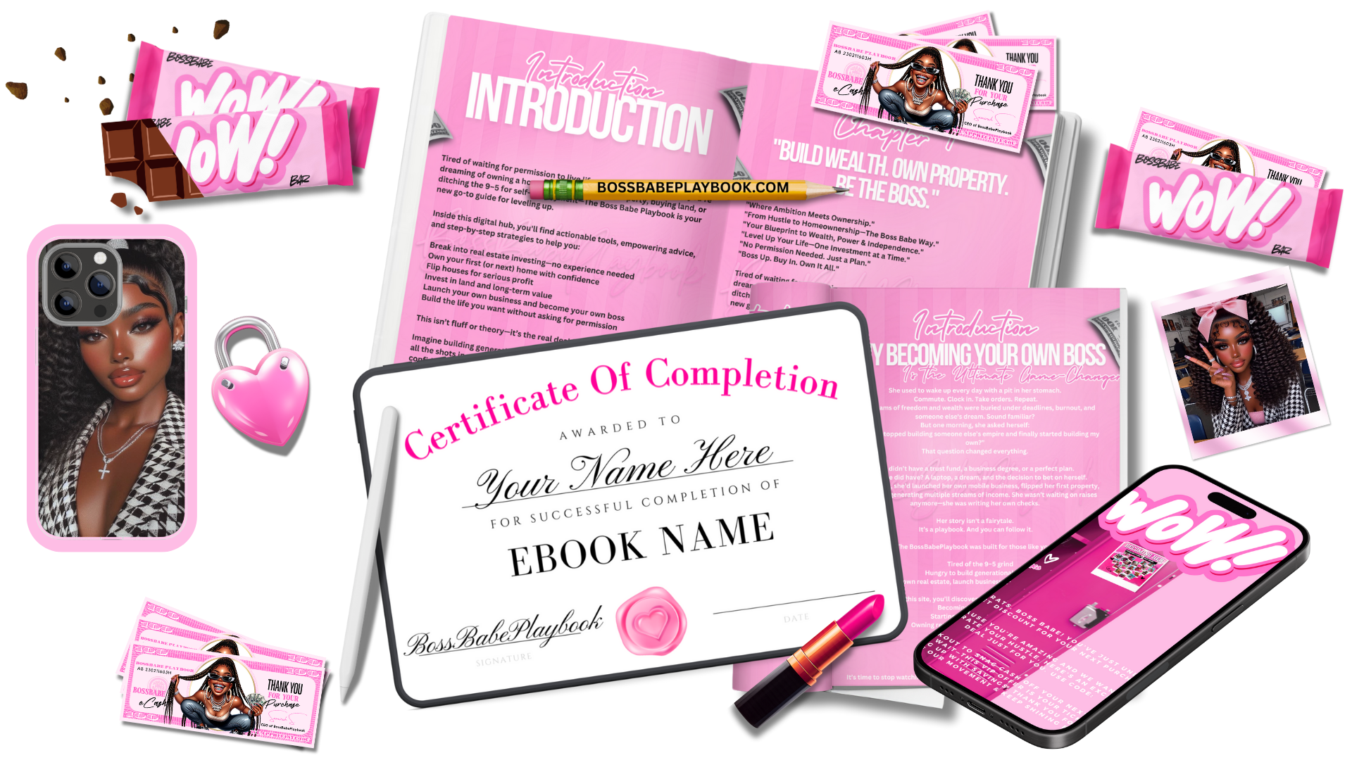 Promotional materials with pink and white design, including a certificate of completion and branded items.
