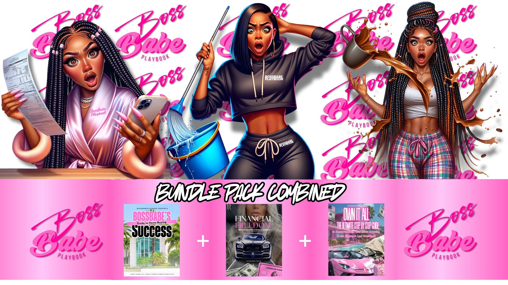 Promotional graphic for 'BossBabePlaybook' products with three women and promotional text on a pink background.