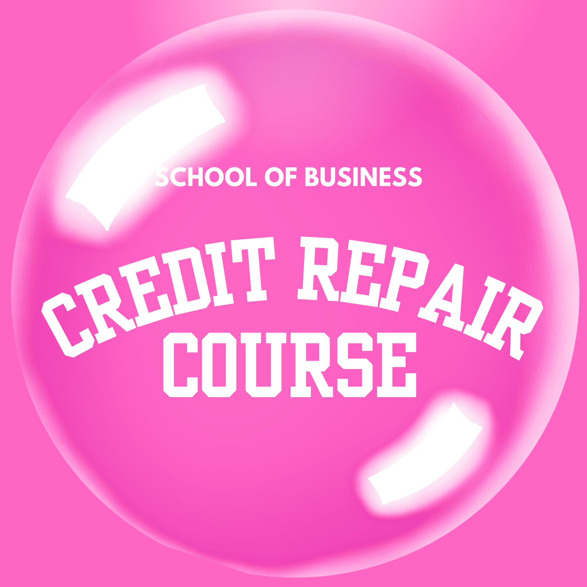 Pink bubble with 'School of Business Credit Repair Course' text on a pink background