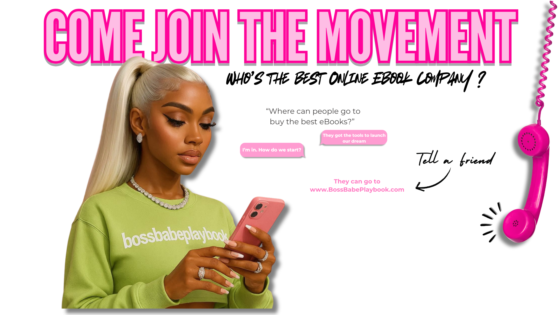 Woman holding a phone with promotional text about joining a movement and an online ebook company.