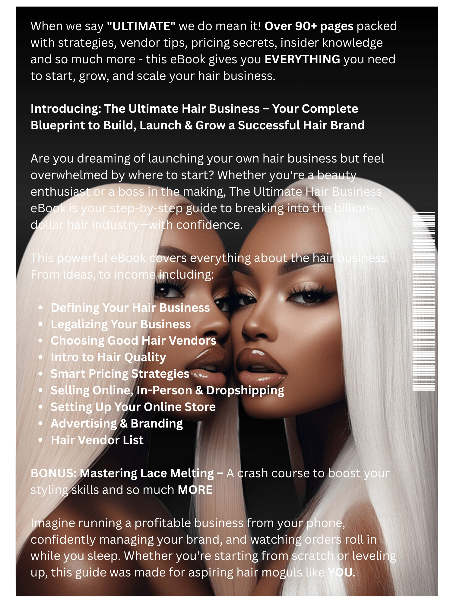 Promotional image for 'The Ultimate Hair Business' eBook with a woman's face and text overlay.