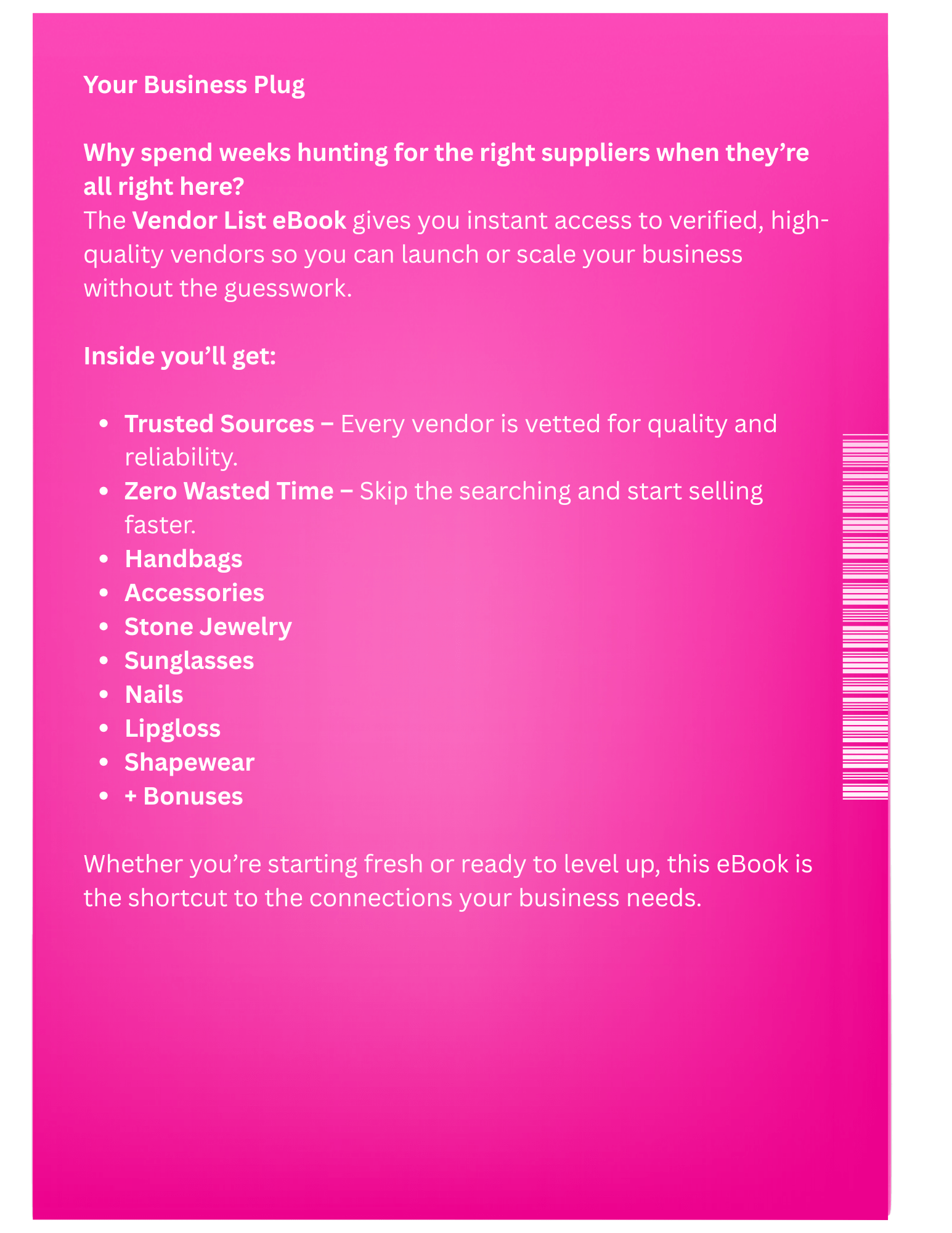 Promotional text for a Vendor List Book on a pink background