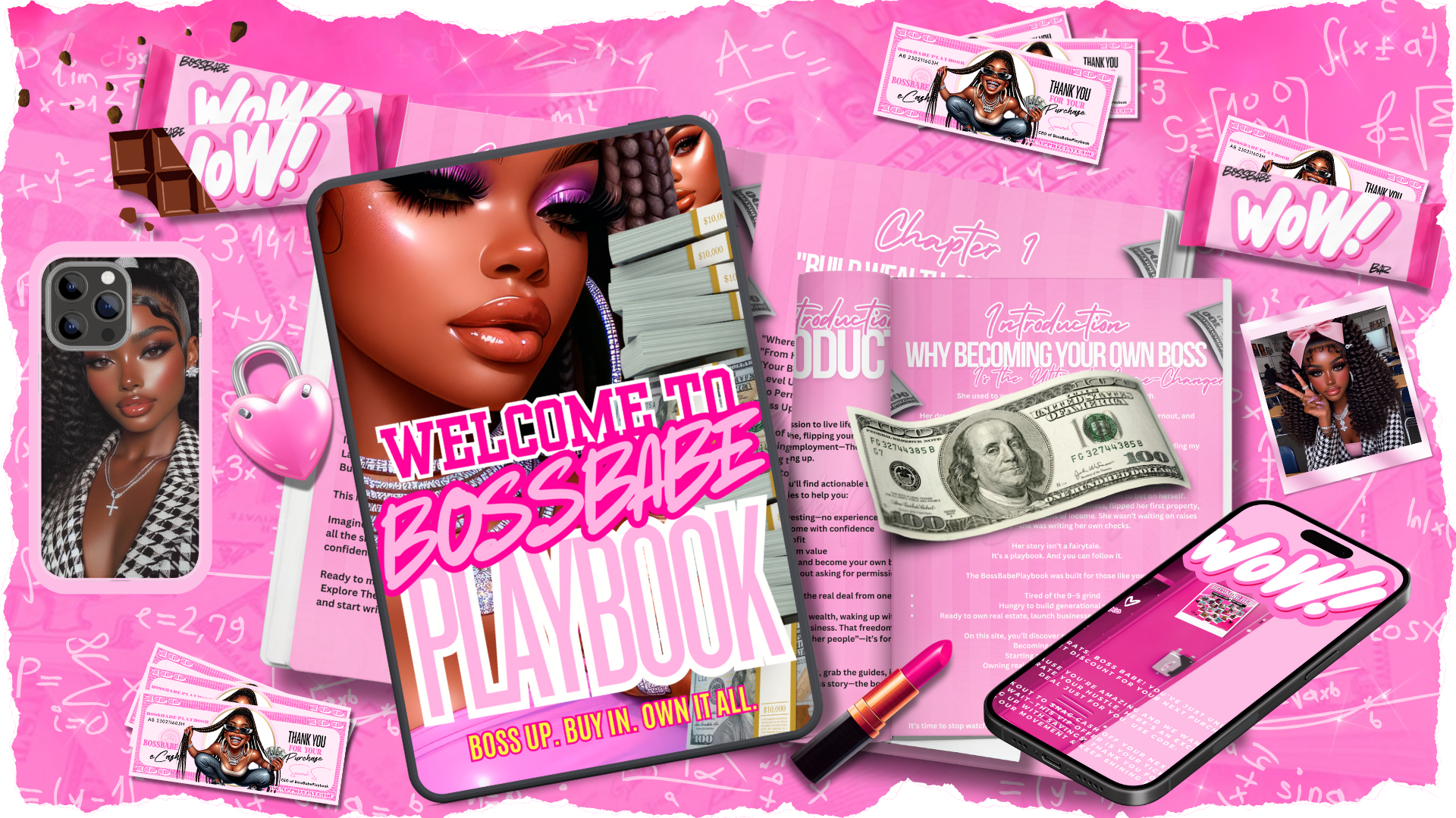 Pink promotional material for 'Welcome to BossBabePlaybook' with images and text on a pink background.